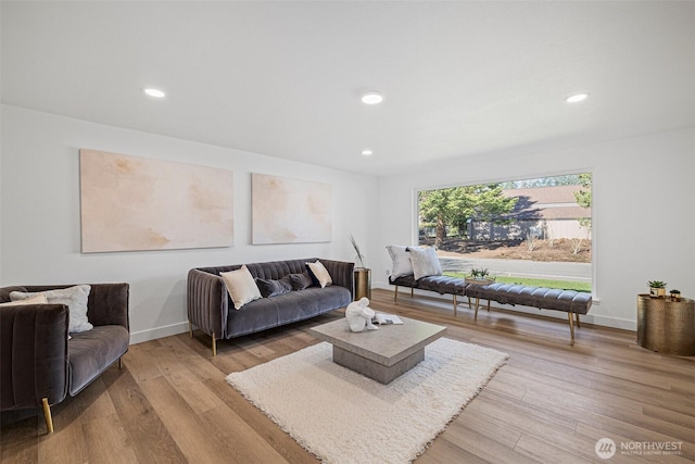 living area with baseboards, wood finished floors, and recessed lighting