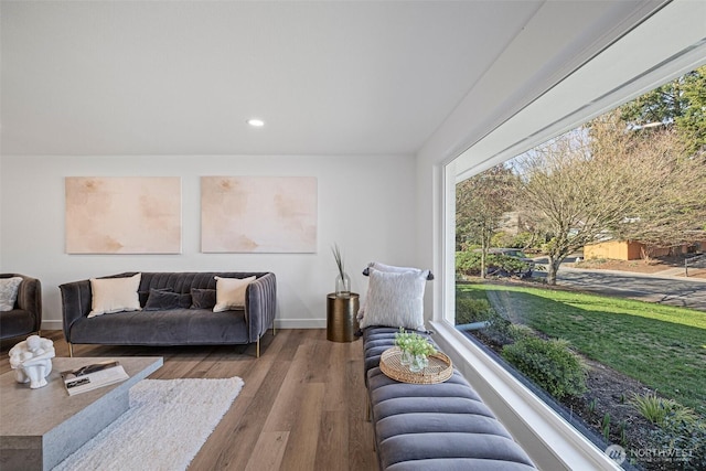 living area featuring baseboards, wood finished floors, and recessed lighting