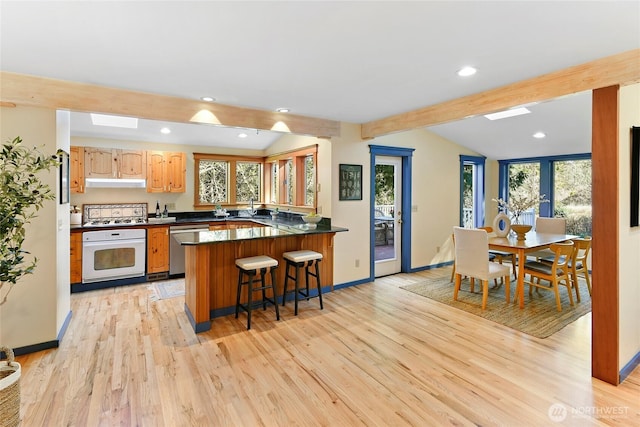 kitchen featuring light wood finished floors, dark countertops, oven, a peninsula, and stainless steel dishwasher