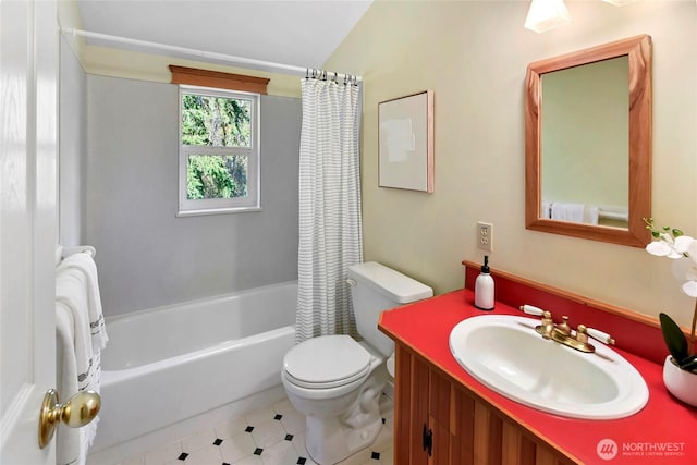 full bathroom with shower / bathtub combination with curtain, vanity, and toilet