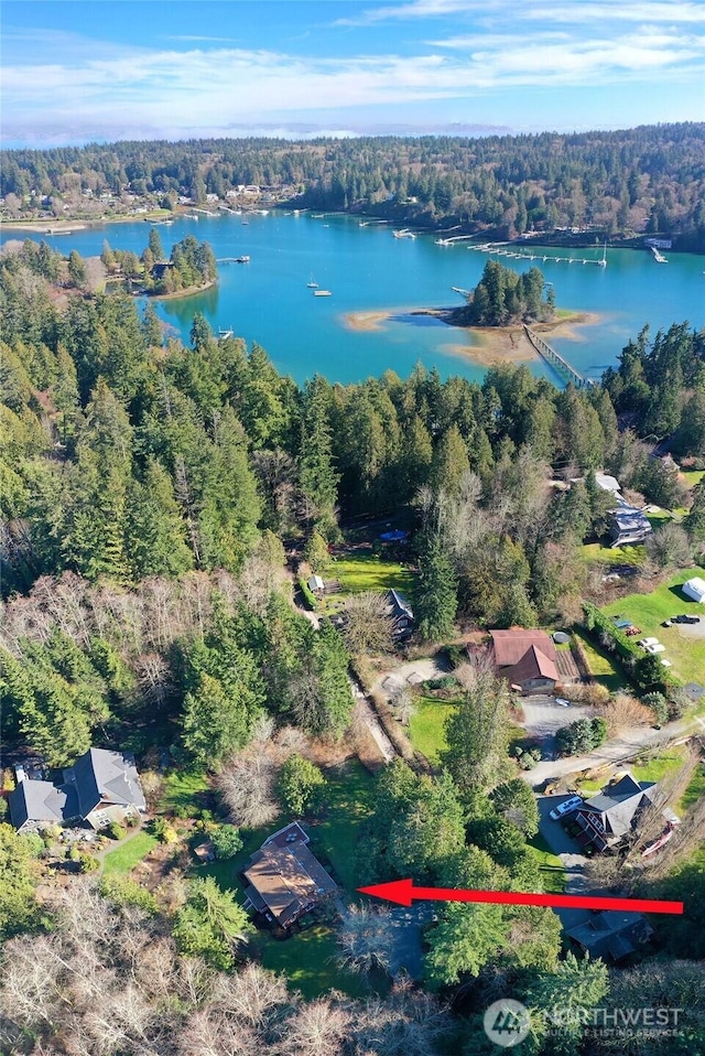 birds eye view of property featuring a water view and a forest view