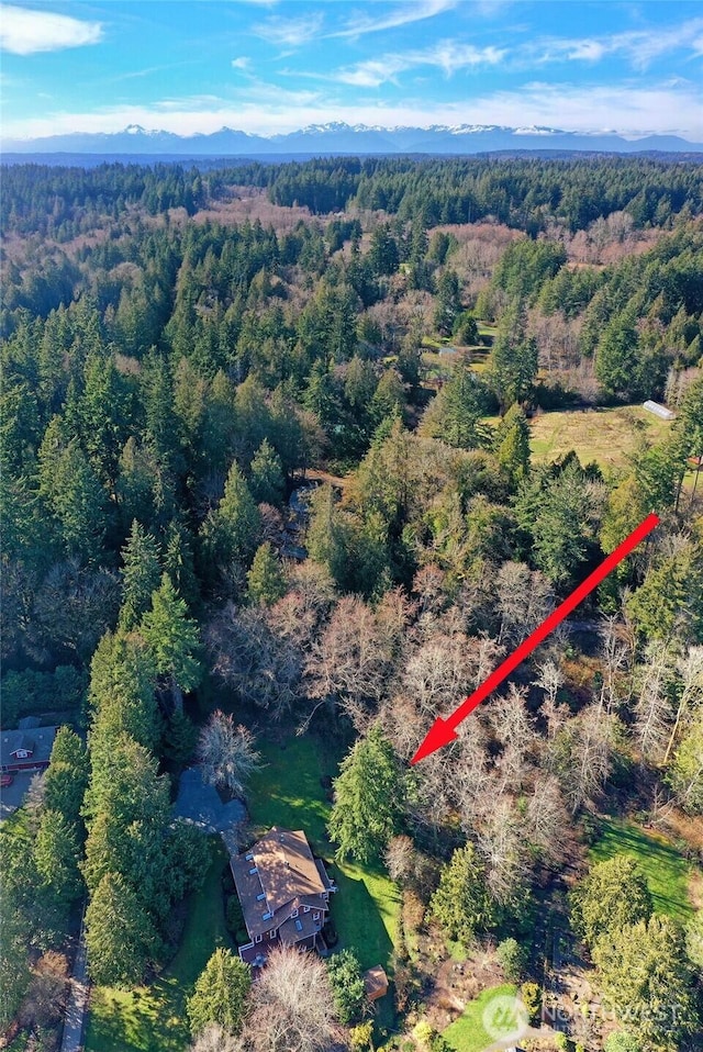 birds eye view of property featuring a mountain view and a wooded view