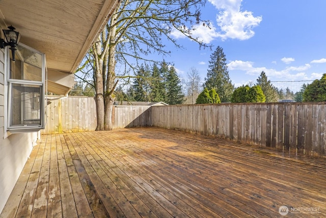 wooden deck with a fenced backyard