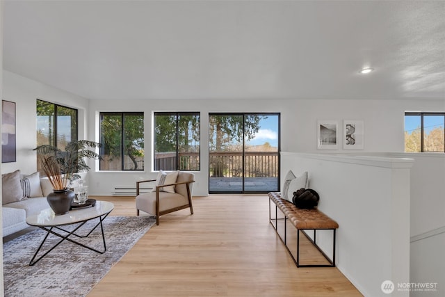 interior space featuring a baseboard heating unit, light wood finished floors, and recessed lighting