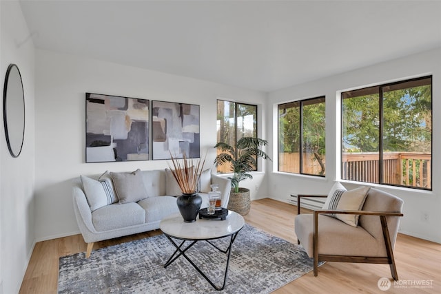 living area with a baseboard radiator, baseboards, and wood finished floors