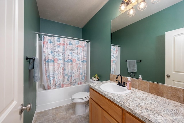 bathroom featuring toilet, shower / bath combo, and vanity