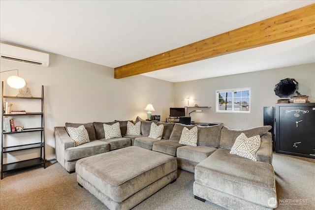 carpeted living area with a wall unit AC and beamed ceiling