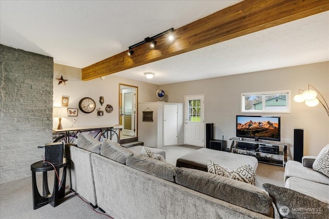 living room with beamed ceiling, carpet floors, and track lighting