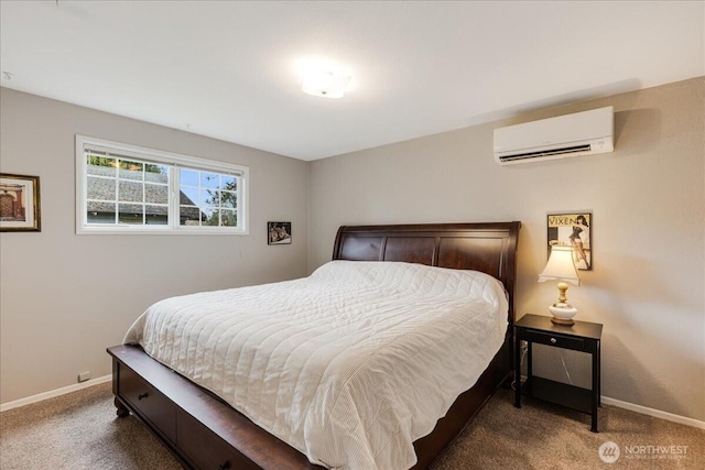 carpeted bedroom with an AC wall unit and baseboards