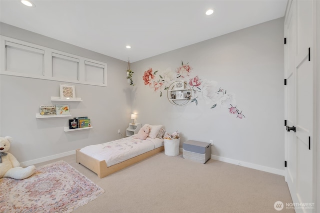 bedroom featuring carpet flooring, recessed lighting, and baseboards