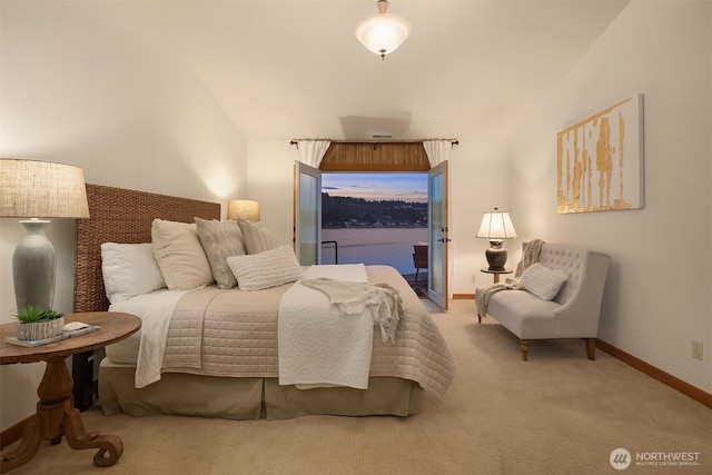 bedroom featuring carpet floors, access to outside, and baseboards