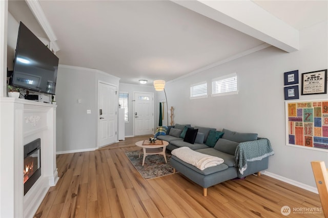 living area featuring ornamental molding, a glass covered fireplace, light wood-style flooring, and baseboards