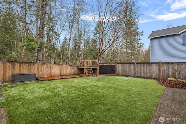 view of yard featuring a fenced backyard and a wooden deck