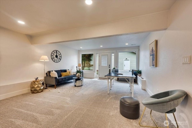 interior space featuring carpet, baseboards, and recessed lighting