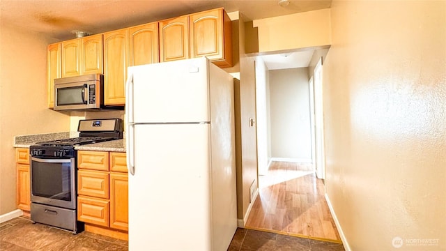 kitchen with baseboards, appliances with stainless steel finishes, and light brown cabinetry