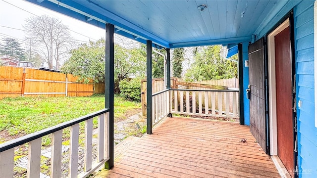 wooden deck with a fenced backyard