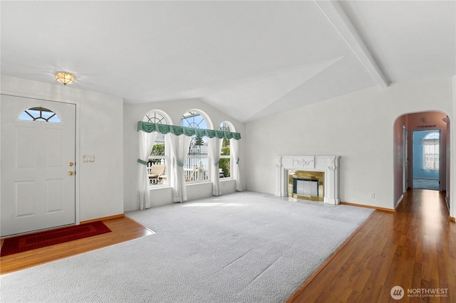 carpeted entrance foyer featuring arched walkways, vaulted ceiling, a wealth of natural light, and a premium fireplace