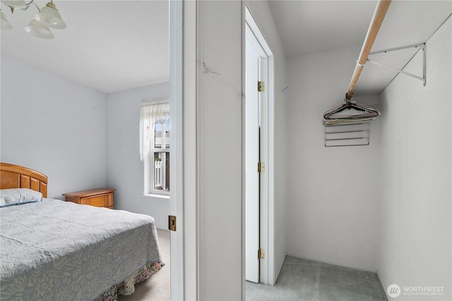 bedroom featuring light carpet