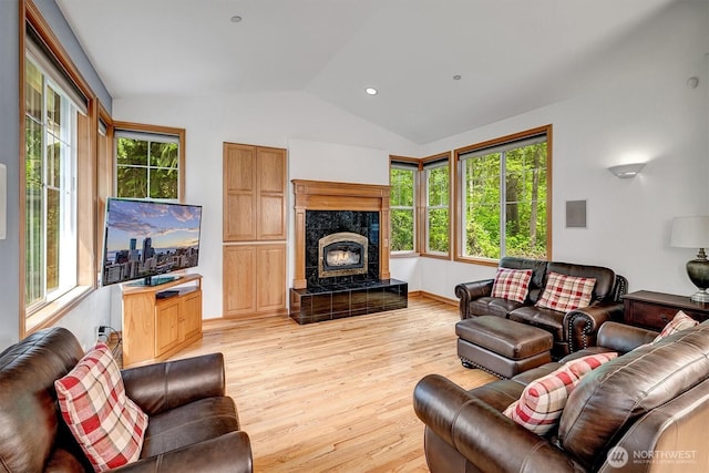 living area with light wood-style floors, lofted ceiling, and a high end fireplace