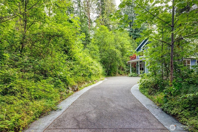 view of home's community with aphalt driveway and a wooded view