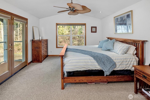 bedroom with carpet floors, baseboards, vaulted ceiling, access to outside, and french doors