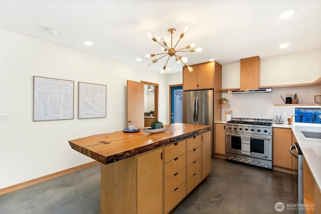 kitchen with a kitchen island, ventilation hood, stainless steel appliances, and finished concrete flooring