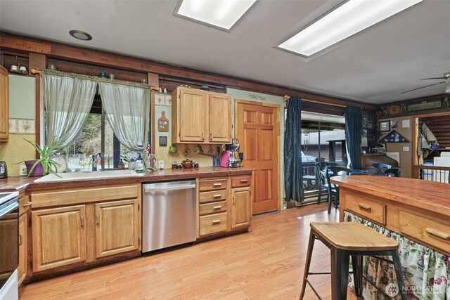 kitchen featuring dishwasher, ceiling fan, a sink, and light wood-style floors