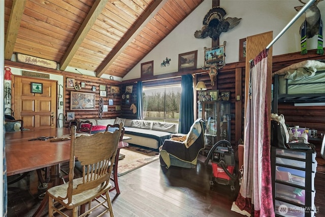 dining area featuring wood ceiling, high vaulted ceiling, beam ceiling, and wood finished floors
