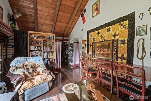 sitting room featuring wooden ceiling, lofted ceiling with beams, and hardwood / wood-style flooring