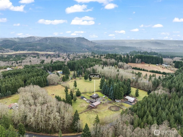 drone / aerial view featuring a rural view, a wooded view, and a mountain view
