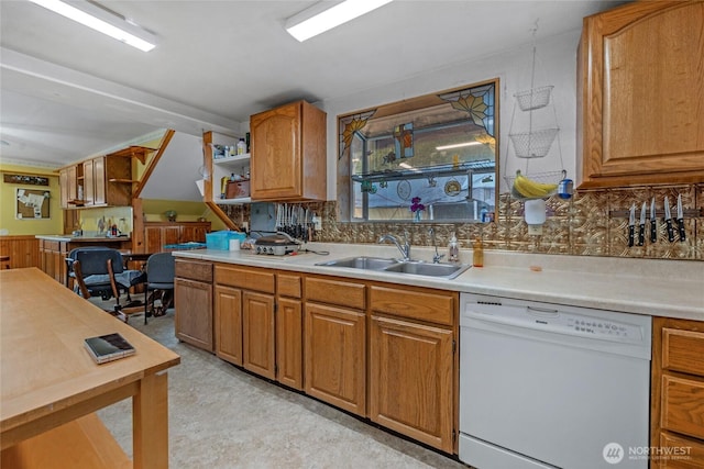 723 E 54th St, Tacoma, WA 98404 - kitchen featuring white dishwasher, open shelves, a sink, and light countertops