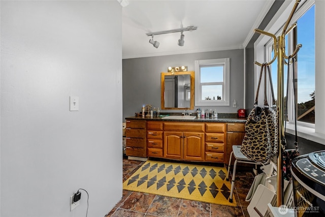 723 E 54th St, Tacoma, WA 98404 - bathroom with stone finish flooring, ornamental molding, track lighting, and vanity