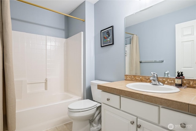 full bathroom featuring toilet, shower / tub combo, tile patterned floors, and vanity