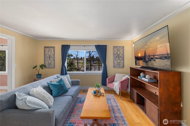 living room featuring light wood-style flooring and crown molding
