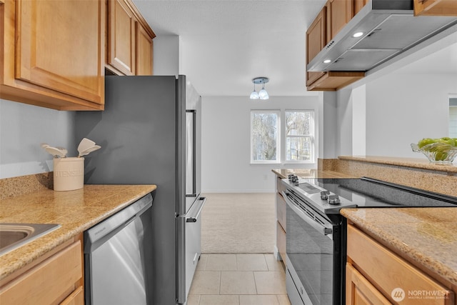 kitchen featuring dishwasher, light countertops, range with electric stovetop, and exhaust hood