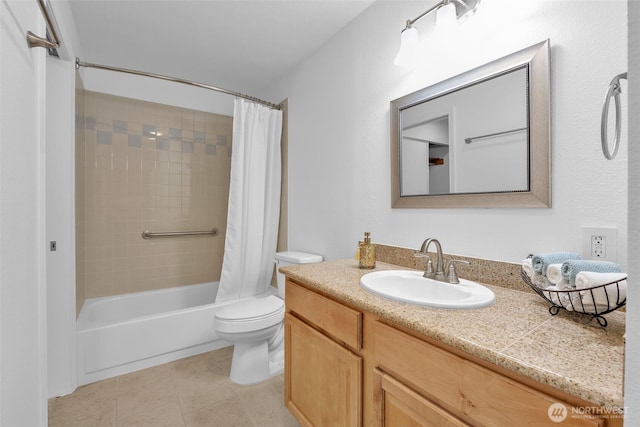 full bathroom featuring toilet, vanity, shower / bath combination with curtain, and tile patterned floors