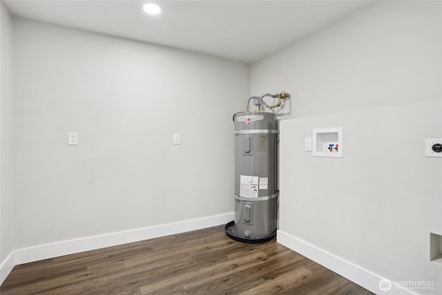 washroom featuring laundry area, electric dryer hookup, baseboards, hookup for a washing machine, and water heater