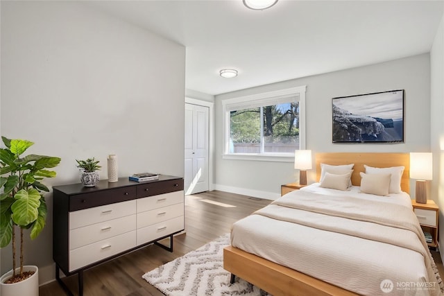 bedroom featuring dark wood-type flooring, baseboards, and a closet