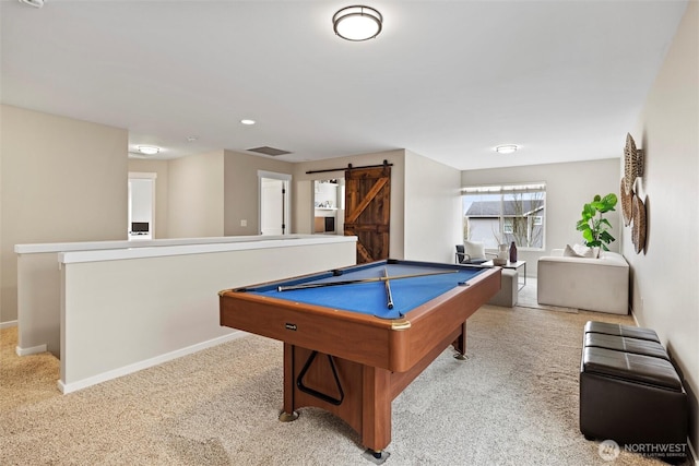 rec room featuring carpet, baseboards, visible vents, pool table, and a barn door