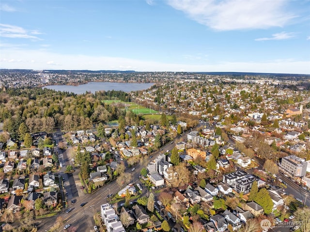 drone / aerial view with a water view and a residential view