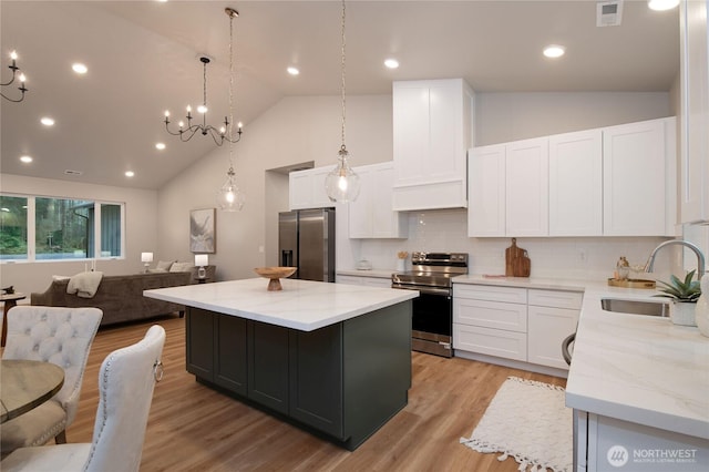 kitchen with a center island, visible vents, appliances with stainless steel finishes, open floor plan, and a sink