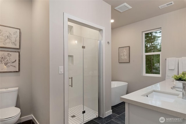 full bath with tile patterned flooring, toilet, vanity, visible vents, and a shower stall