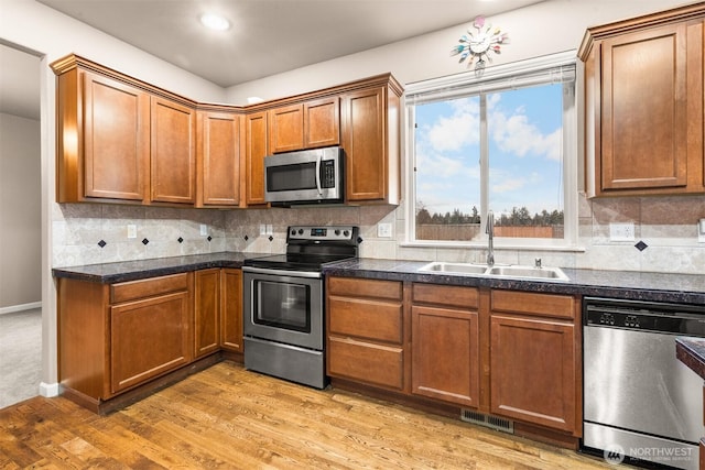 kitchen with appliances with stainless steel finishes, dark countertops, a sink, and backsplash