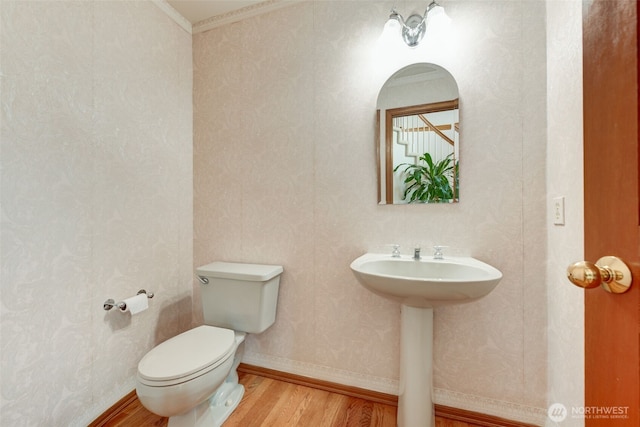 half bathroom featuring wood finished floors, baseboards, a sink, crown molding, and toilet