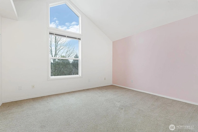 additional living space with carpet floors, baseboards, and high vaulted ceiling