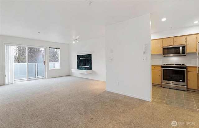 kitchen with light colored carpet, appliances with stainless steel finishes, light countertops, a fireplace, and recessed lighting