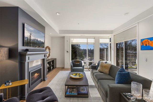 living area with a high end fireplace, recessed lighting, baseboards, and wood finished floors