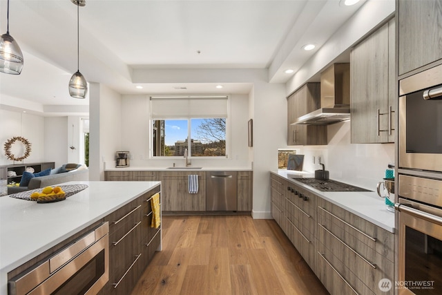 kitchen featuring modern cabinets, a sink, light wood-style floors, appliances with stainless steel finishes, and wall chimney exhaust hood