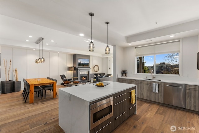 kitchen featuring modern cabinets, a sink, wood finished floors, stainless steel appliances, and light countertops