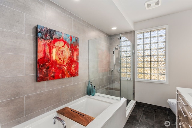 full bath with a wealth of natural light, visible vents, tile patterned floors, and a stall shower